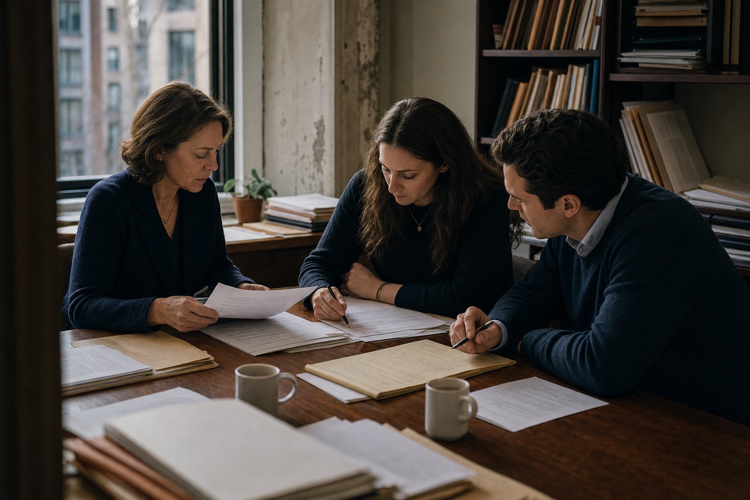 Legal professionals reviewing transaction documents together in a New York office