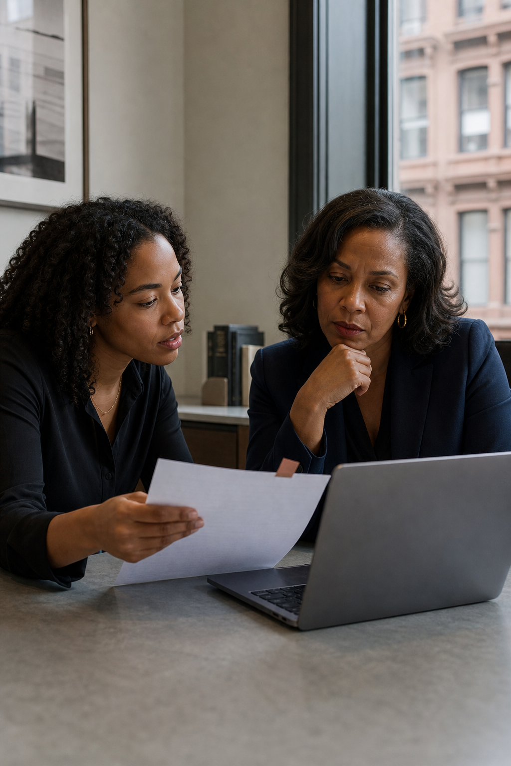 Two legal professionals applying judgment while reviewing a residential real estate matter together